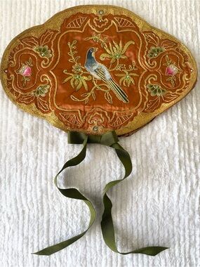 Vintage-Inspired Gold Embroidered Silk Oriental Bird Embellished Travel Jewelry